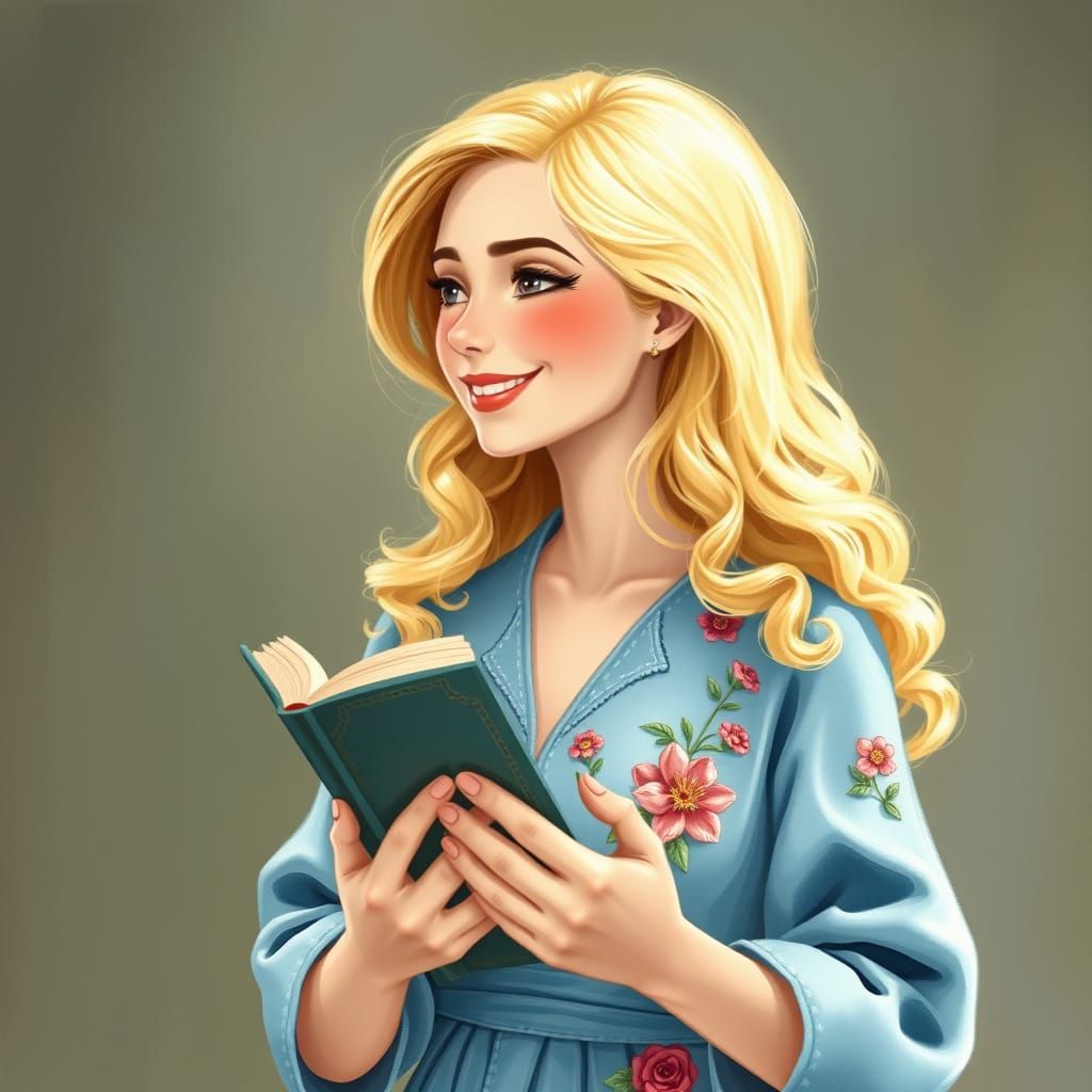 Blonde Woman Reads Magic Book in Floral Robe