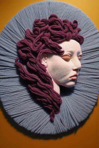 Medusa portrait made with yarn, wool and thread.
