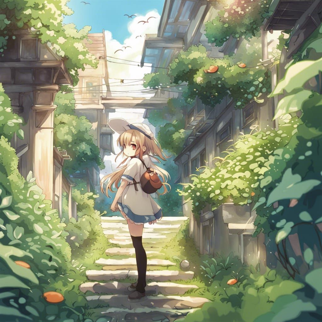 Anime Nature Spirit in Lush Urban Garden