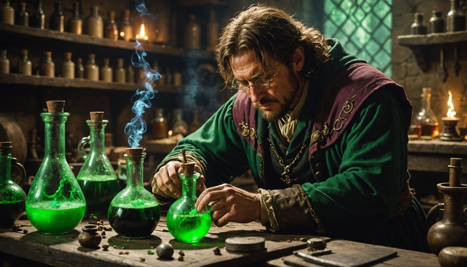 Medieval Alchemist Focused on Glowing Potion