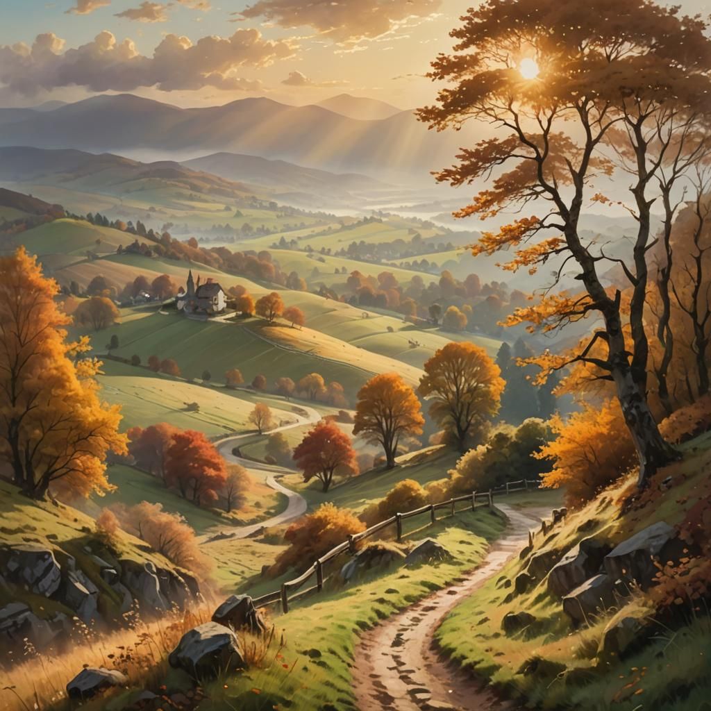 Autumn Hills Landscape with Golden Light