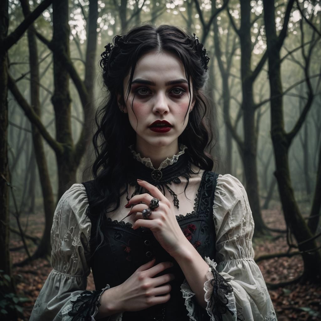 Gothic Vampire Girl in Dimly Lit Forest