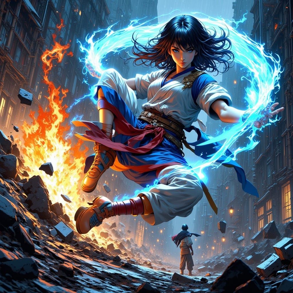 Hero's Mid-Air Kick Unleashes Energy in Manga Style