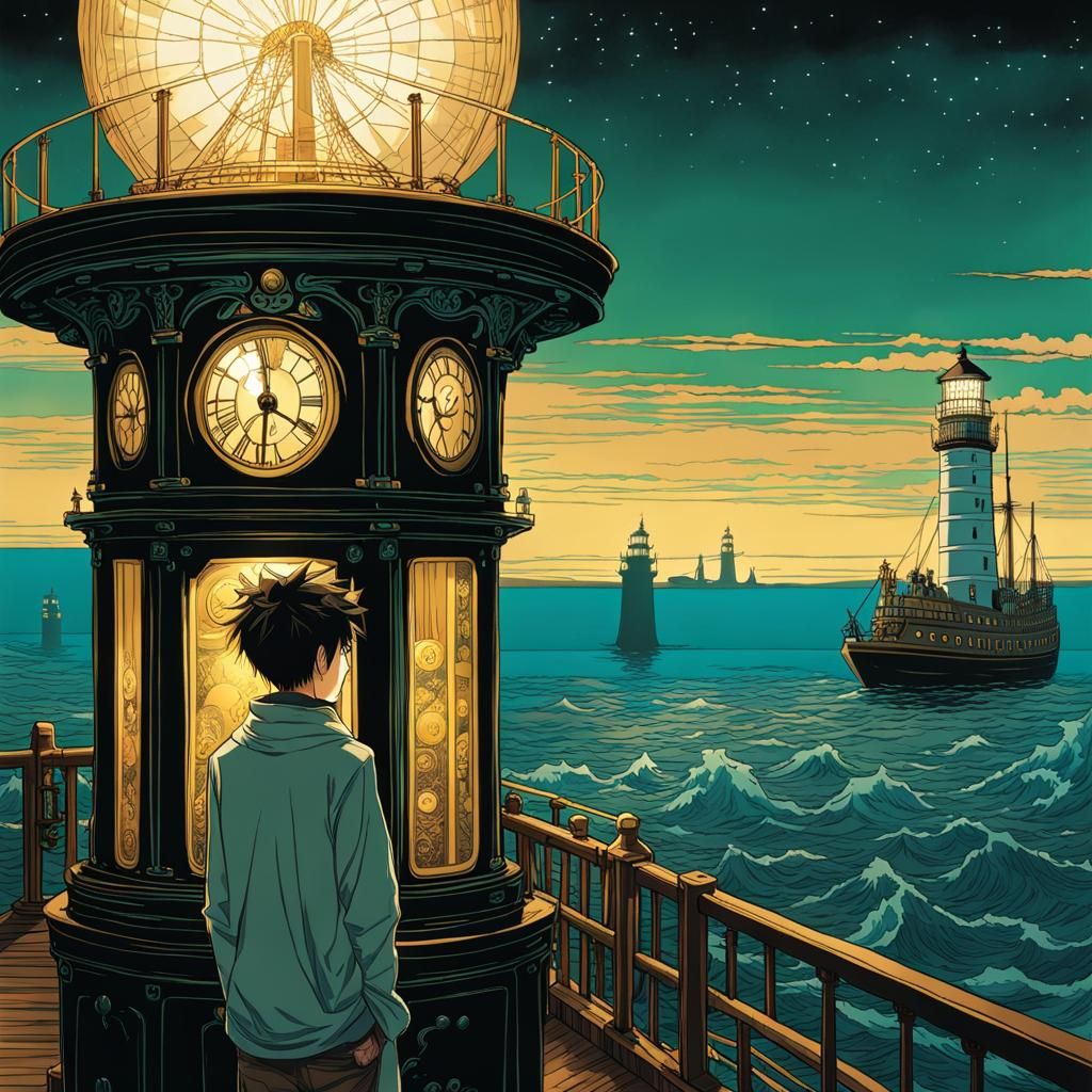 Ink Drawing - Anime Boy - Watching at the Lighthouse