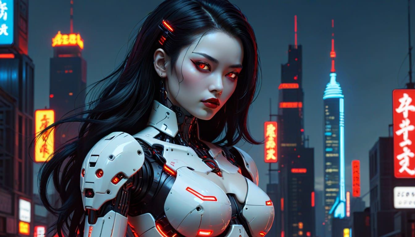 Cyberpunk Gynoid Pinup in Neon Cityscape