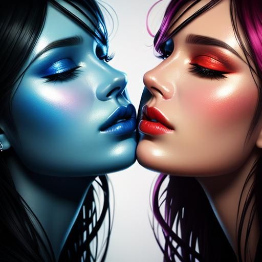 Sensual Kiss: Two Girls in Hyperrealistic Splash Art