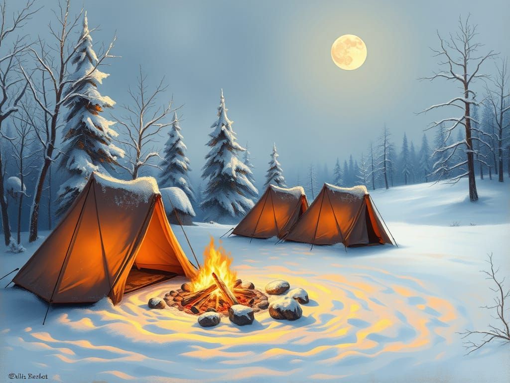 Cozy Winter Camping Scene in Golden Light