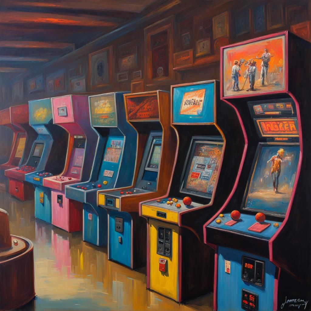 1980s Arcade as Oil Painting in James Gurney Style