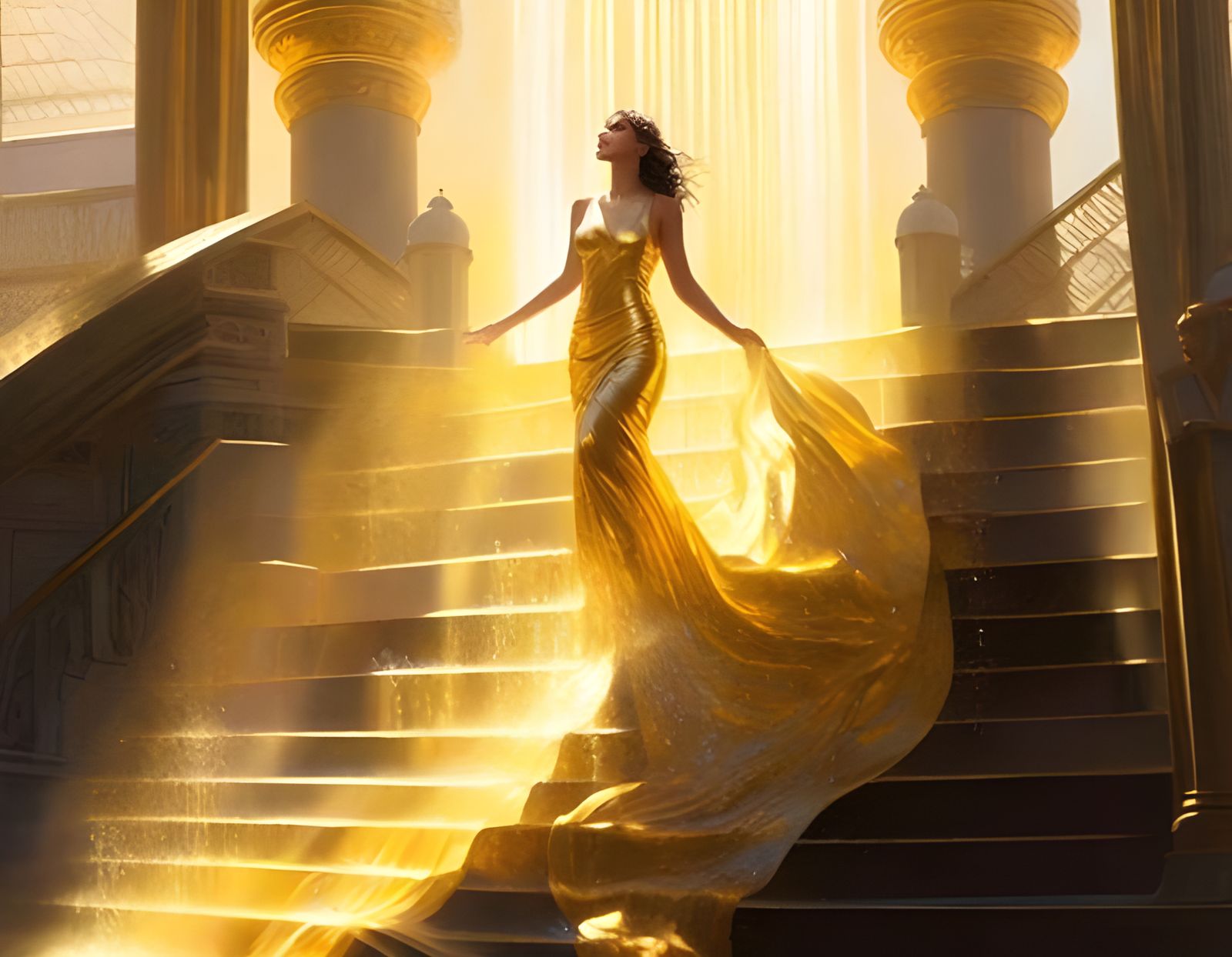 Woman in Golden Light on Grand Staircase