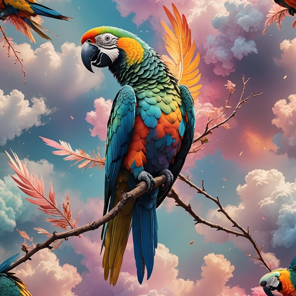 Hyper-Realistic Parrot in Whimsical Cloudscape