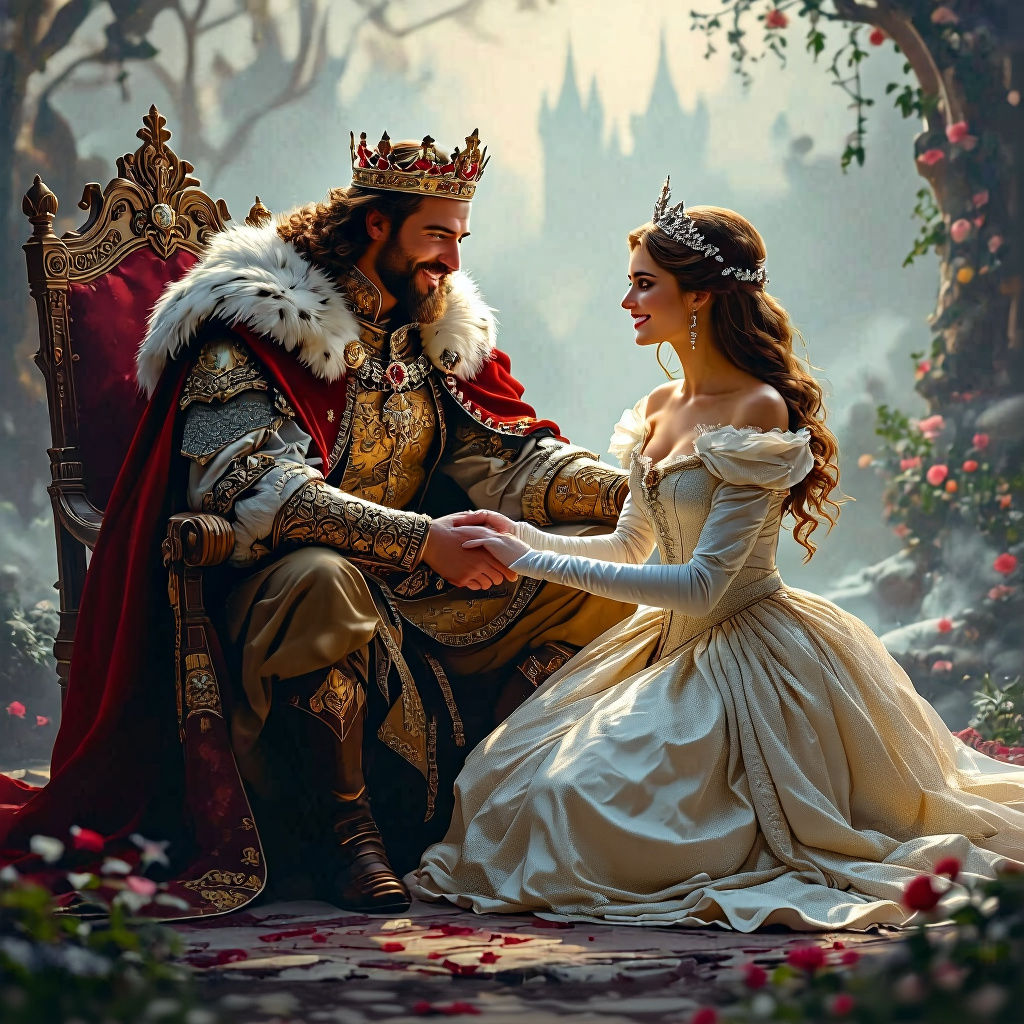 Medieval King Receives Kneeling Princess in Ethereal Style
