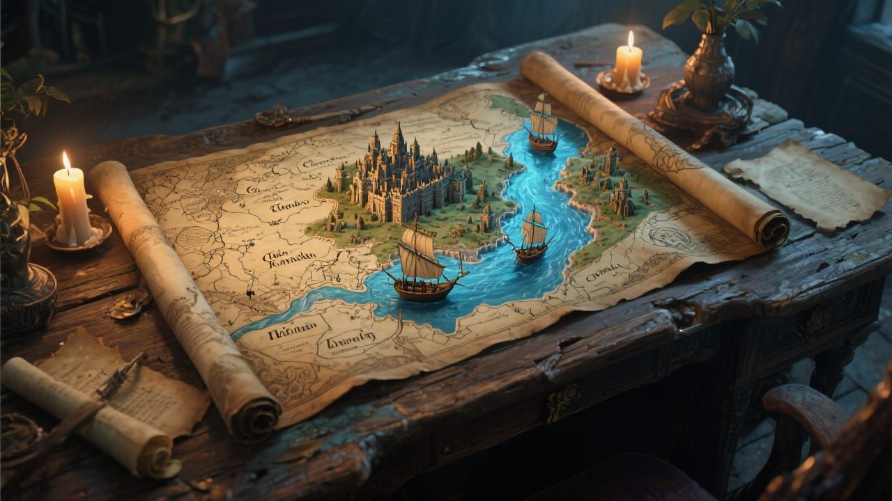 Fantasy Map with Sailing Boats and Miniature Kingdom