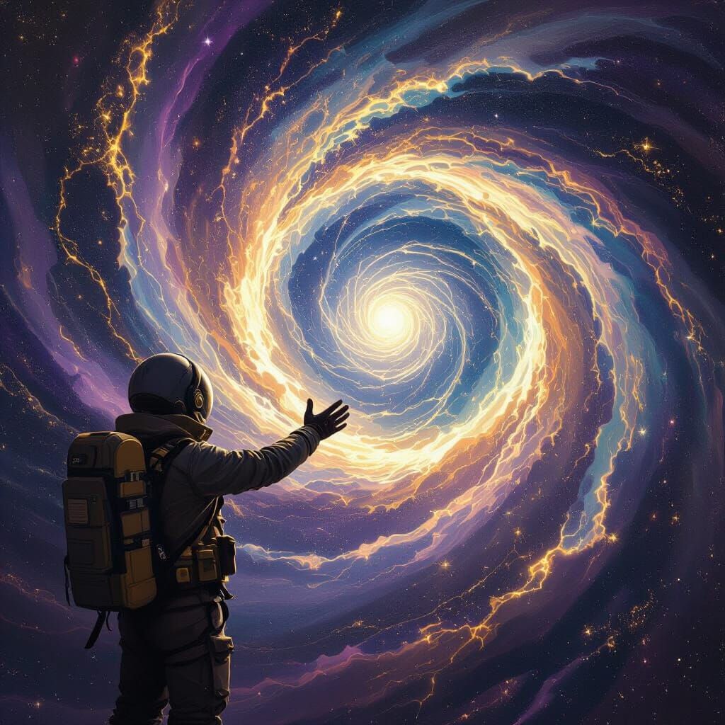 Lone Explorer Reaches Cosmic Vortex in Ethereal Style