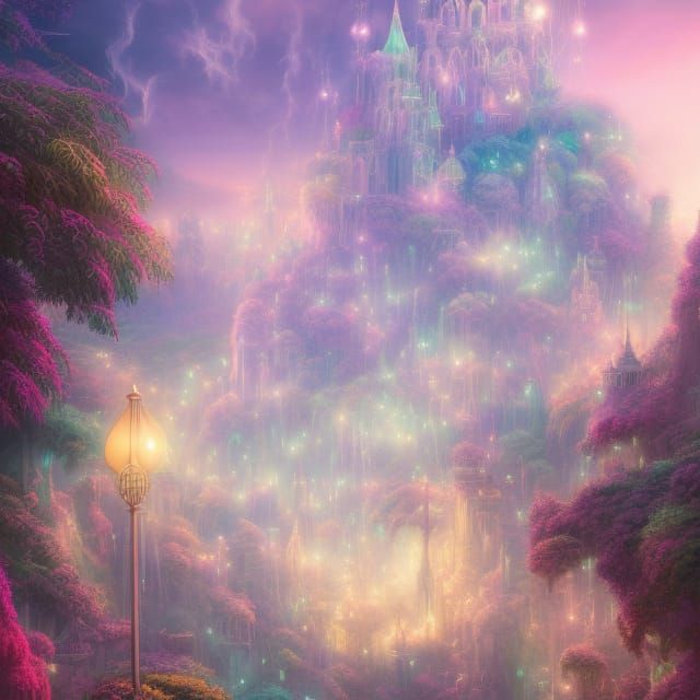 Luminous Orbs Light a Pastel Tower Landscape