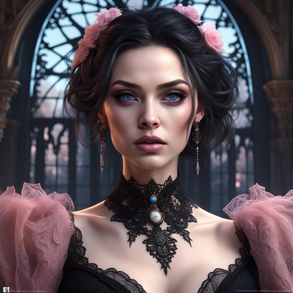 Gothic Mistress in Lace Dress: Digital Splash Art