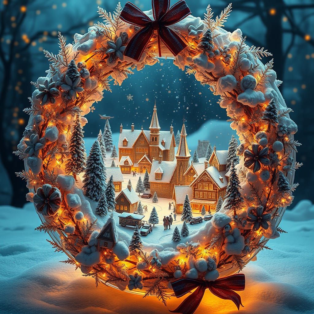 Glass Wreath Christmas Cities in Golden Light