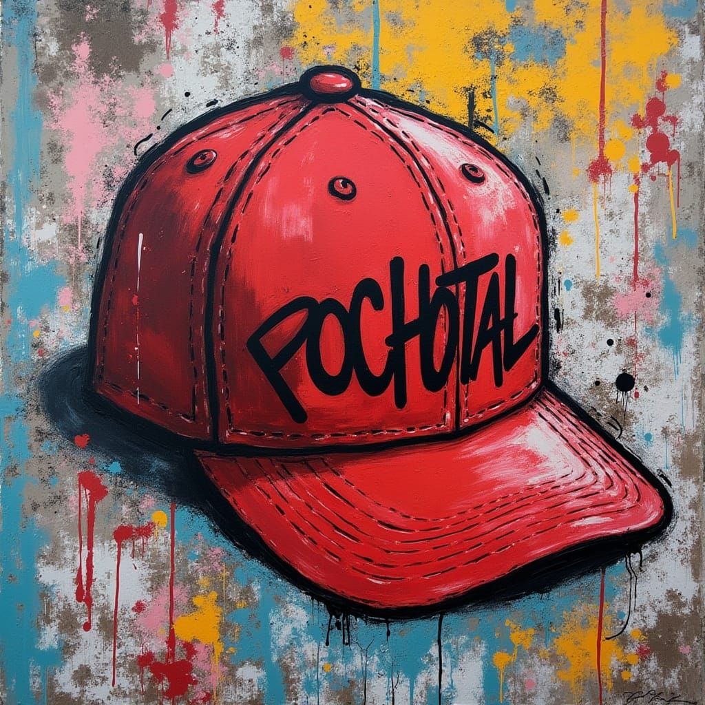 Vibrant Red Baseball Cap Graffiti on Brick Wall