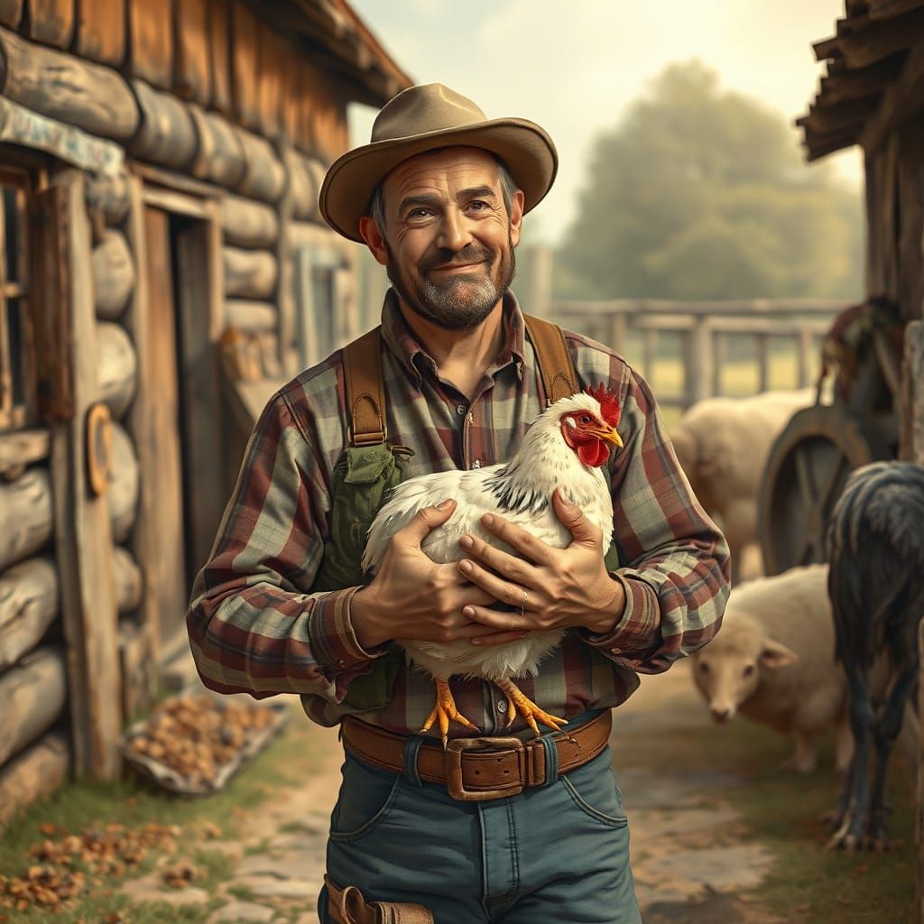 Man in Rustic Countryside Holds Chicken in Cozy Illustration