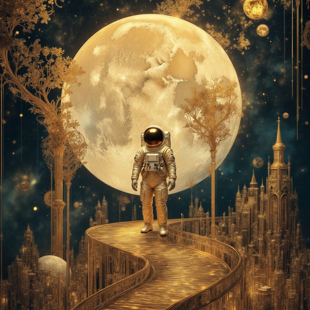 Astronaut on Iridescent Moon in Opulent Style
