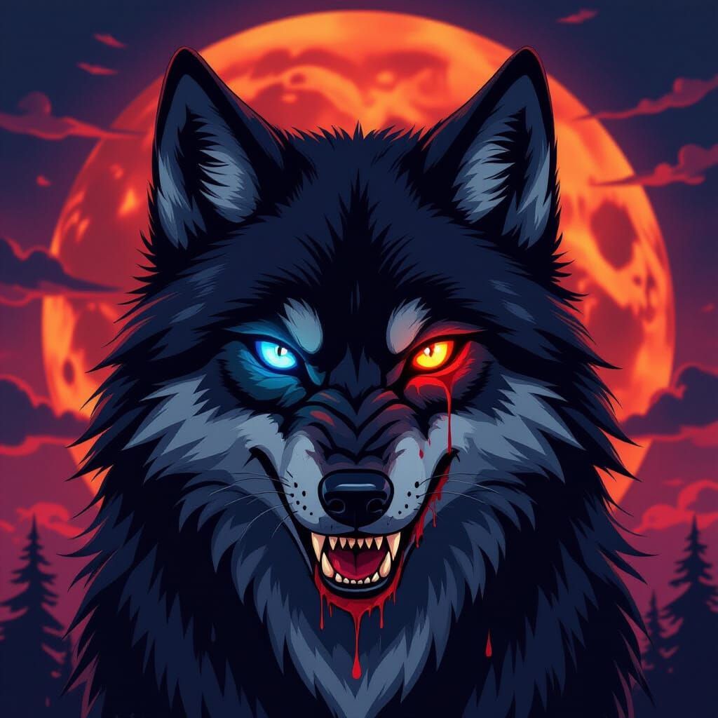 Anime Black Wolf with Blood Moon Backdrop
