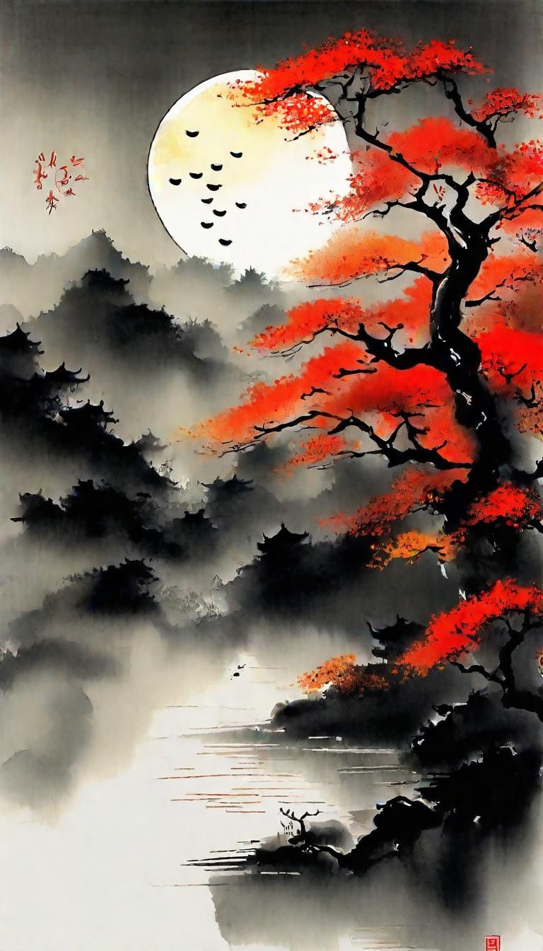 Autumn Night Landscape in Chinese Ink Style