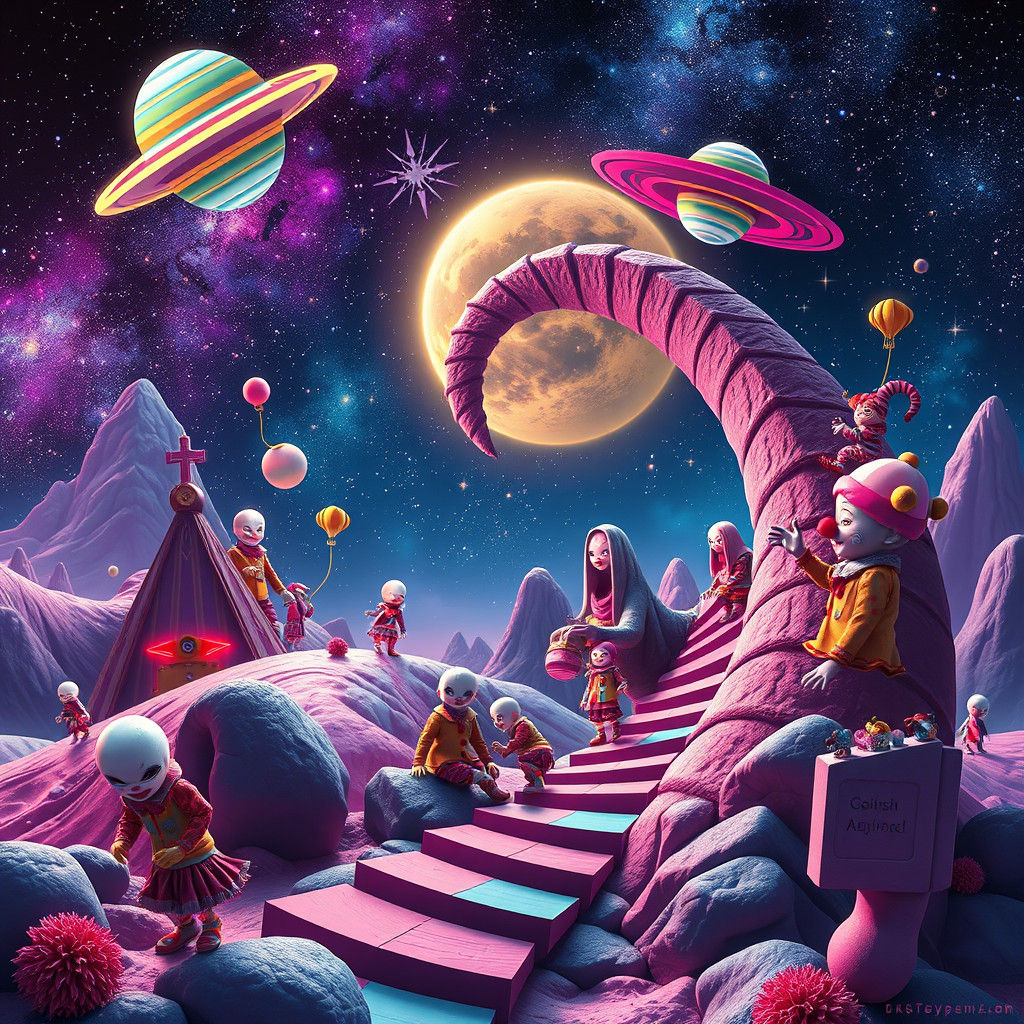 Photorealistic Corkscrew Landscape with Clowns in Space