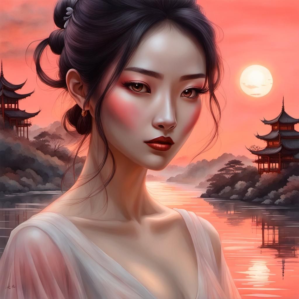 Water Demon Girl in Dreamlike 3D Chinese Ink