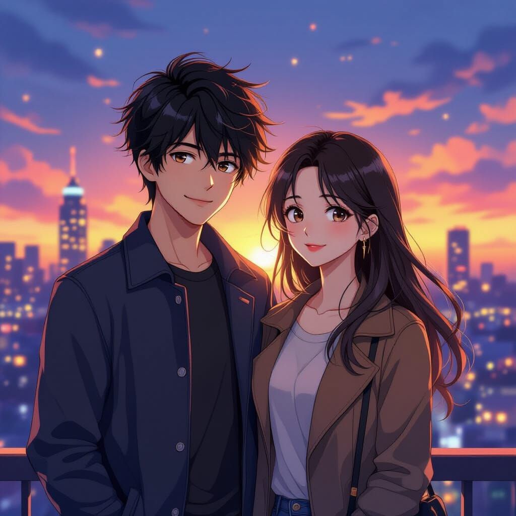 Anime Couple in Cityscape at Sunset