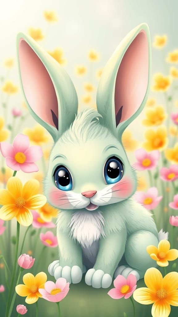 Whimsical Pastel Bunny in Vibrant Spring Blooms