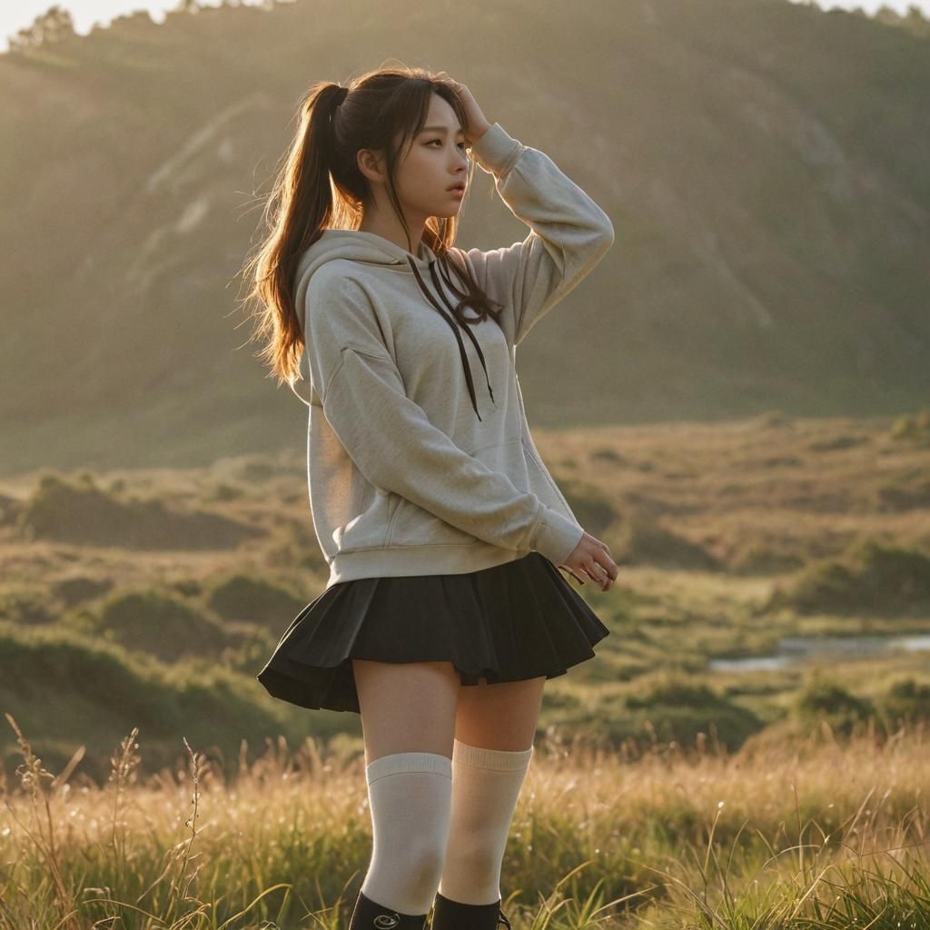 Serene Anime Girl in Golden Hour Landscape