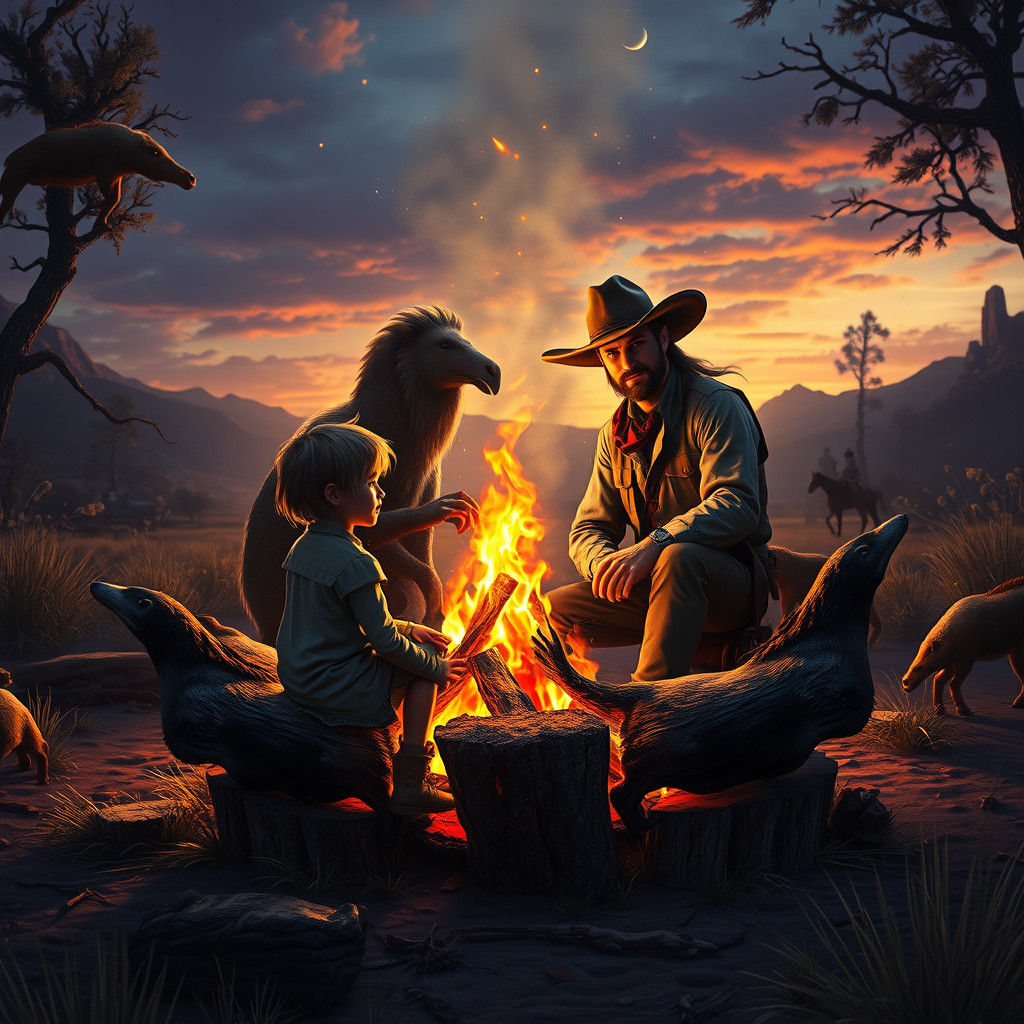 Campfire Animals with Cowboy in Fantasy Art Style