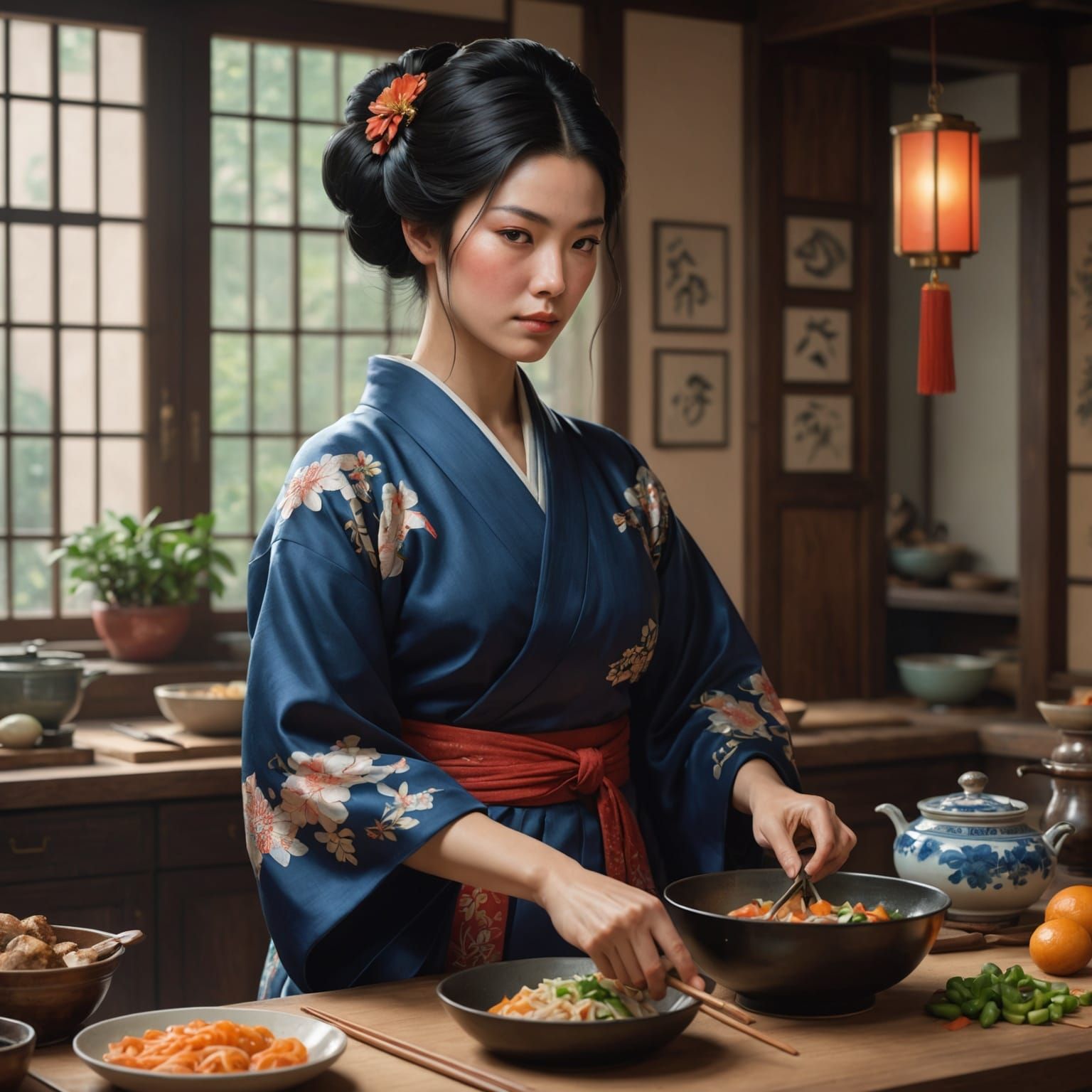 Kimono Woman Cooking: Hyperdetailed Art Portrait