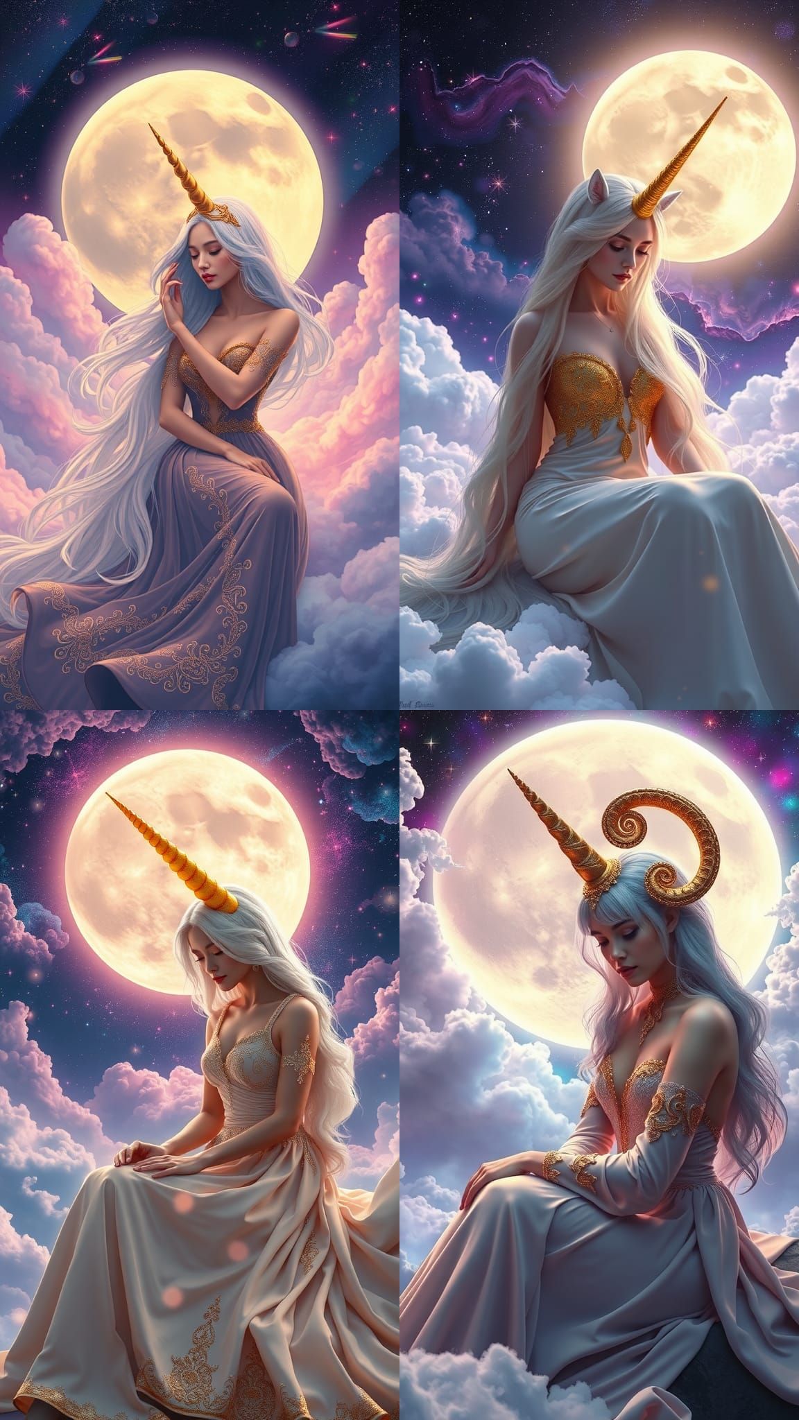 Serene Woman with Unicorn Horn in Cosmic Dreamscape