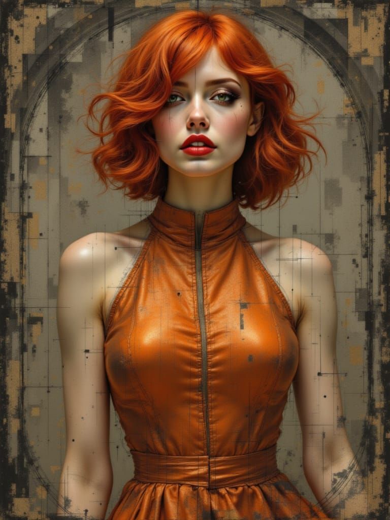 Redhead Pin-Up in Art Nouveau Cyberpunk Style