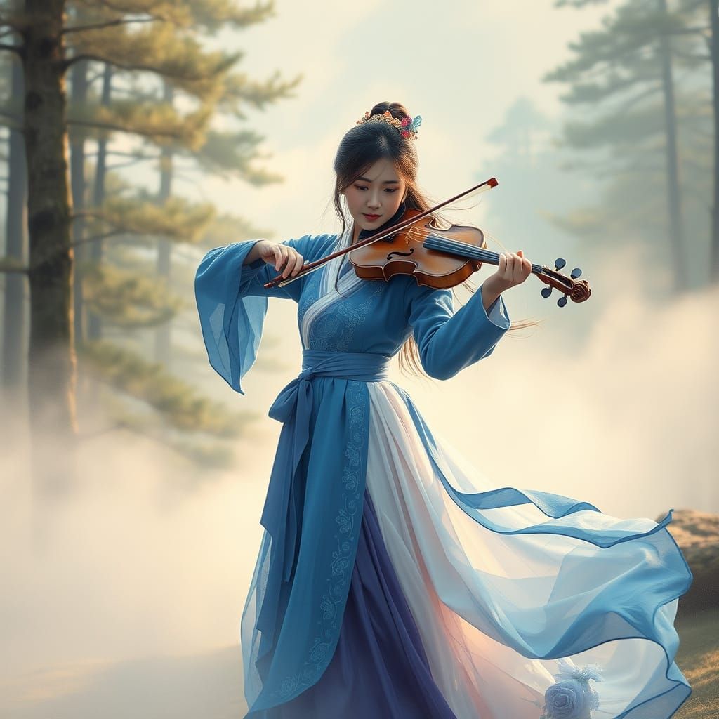 Korean Woman Plays Violin in Misty Forest