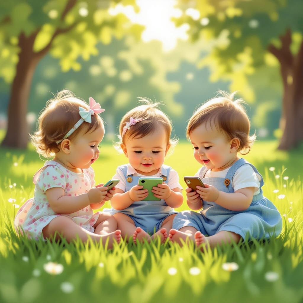 Three Similar Babies Watch iPhone on Grass