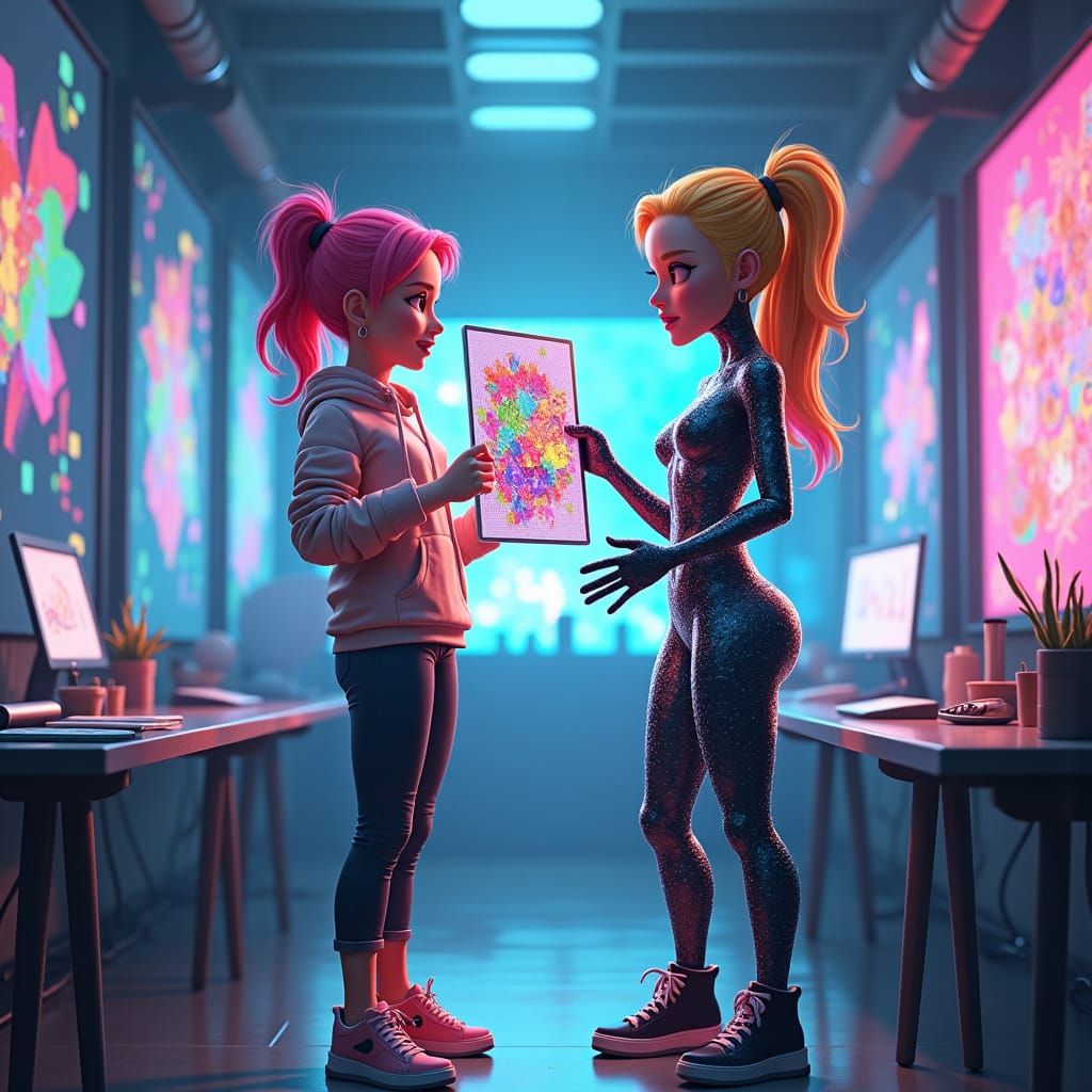 Rainbow Haired Artist and Holographic Assistant in Futuristi...