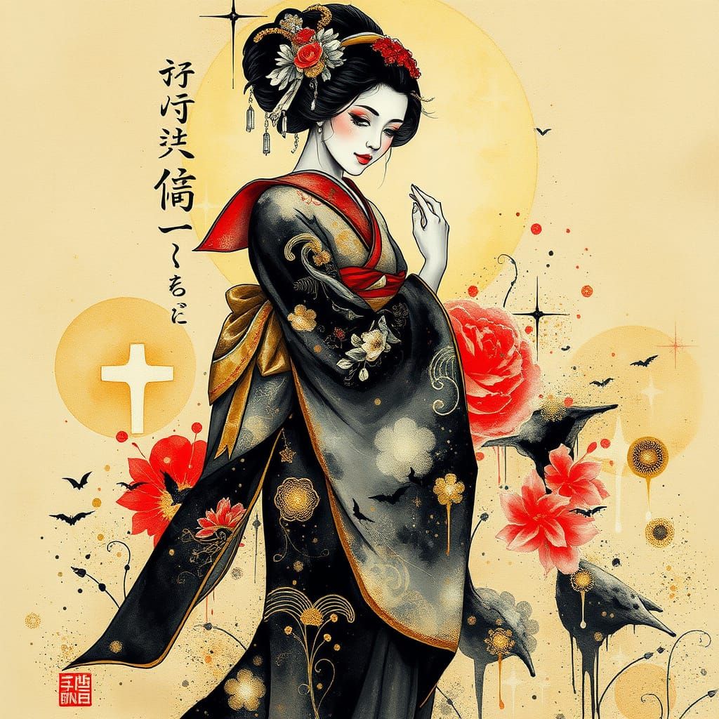 Geisha in Japanese Alcohol Ink Dreamscape