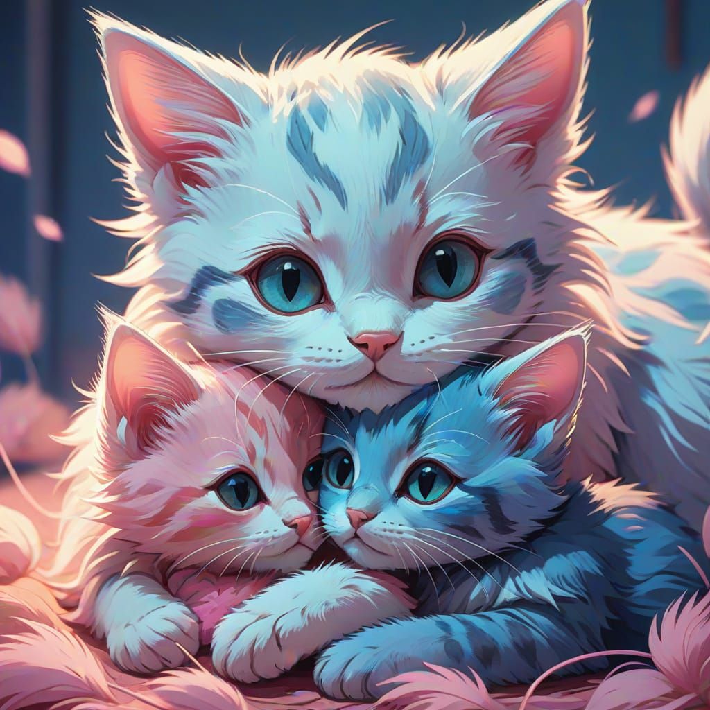 Anime Kitten Cuddling Mouse in Pastel Colors