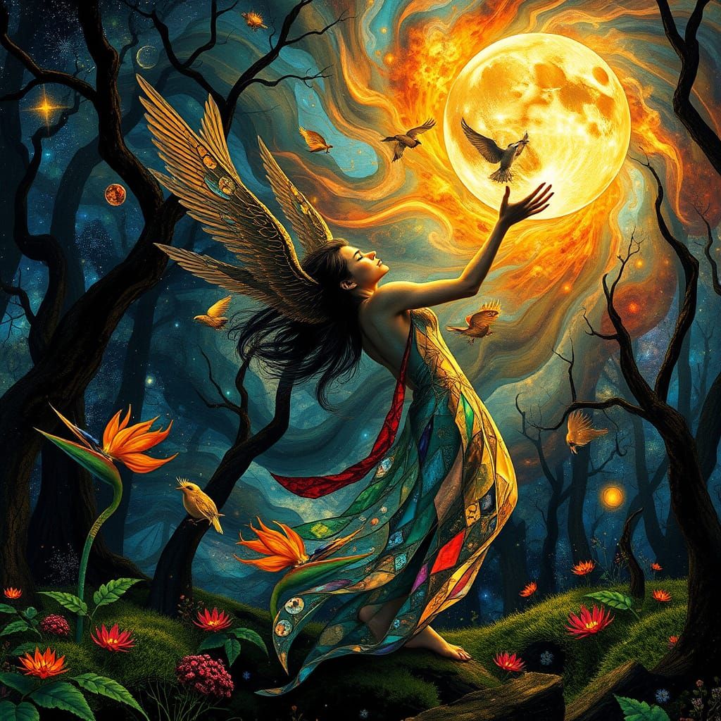 Dreamlike Transhumanist Woman Catches Sun and Moon