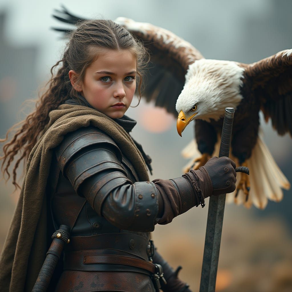 Female Warrior Walks with Sword, Eagle by Her Side, Amidst E...