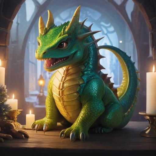 Cute Smiling Baby Dragon in Christmas Fantasy
