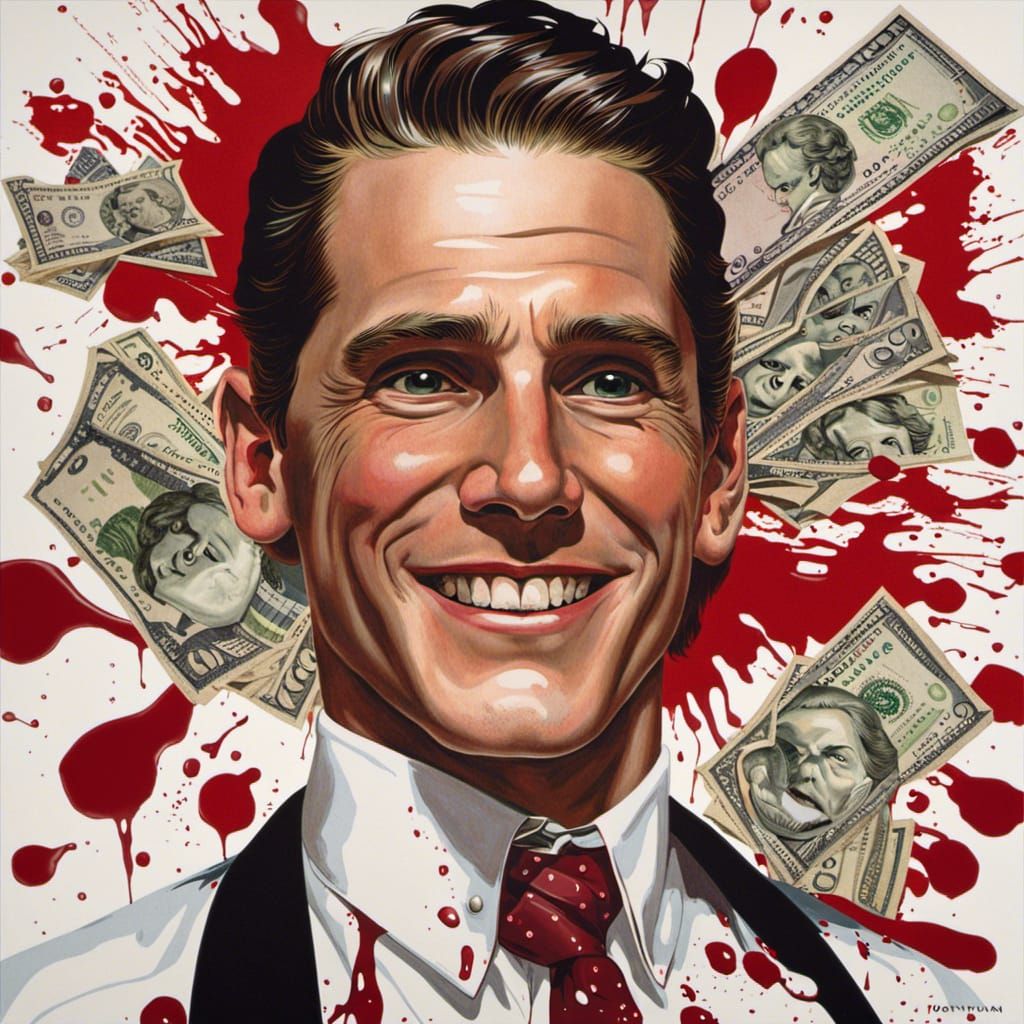 Blood-Splattered Patrick Bateman Portrait in Rockwell Style
