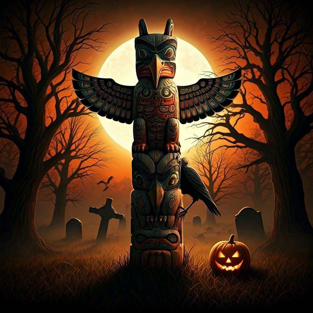 Moonlit Totem Pole in Graveyard, Photo-Realistic Style