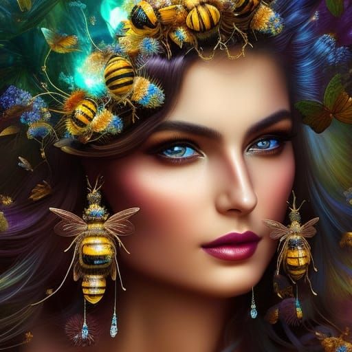 Bee Woman Portrait with Swarm in Solarpunk Style