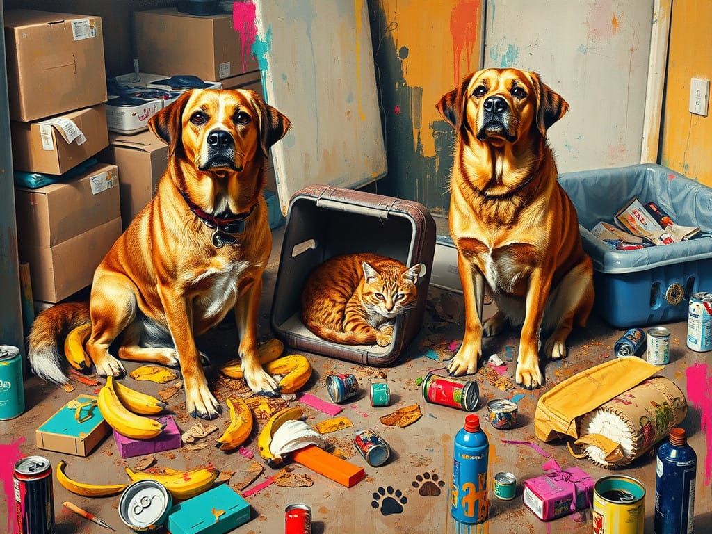 Dogs Surrounded by Kitchen Chaos in Vibrant Abstract Art