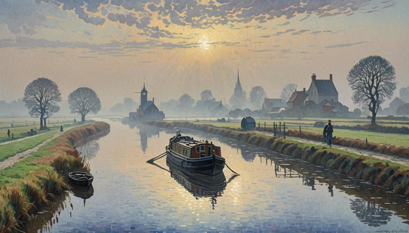 Misty Moorland Canal Barge in Pointillist Style