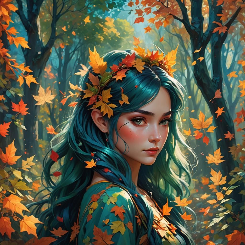 Autumn Fairy in Impressionist Style with Colorful Leaves
