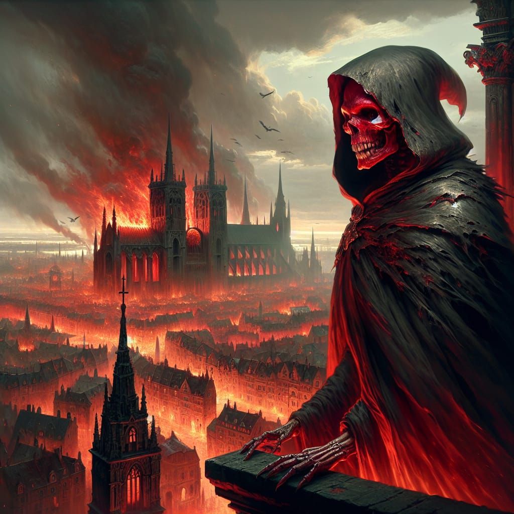 Crimson Skull Figure Overlooks Burning Town