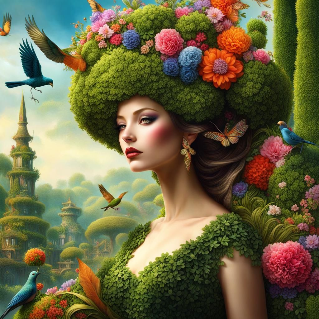 Topiary Woman with Flowers and Birds
